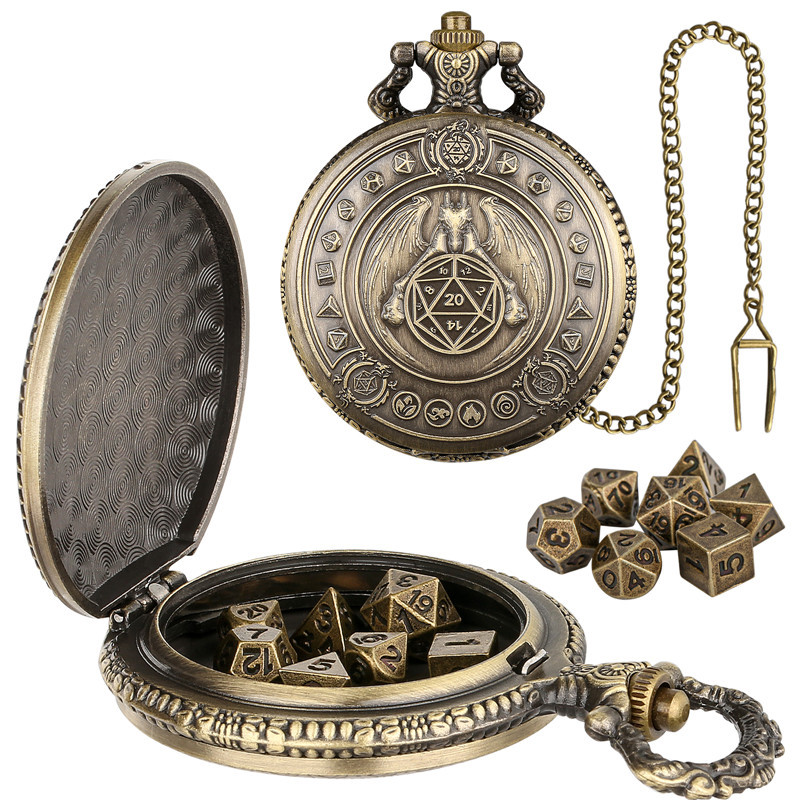 Bronze 7pcs Conjunto De Dados De Metal Poliédrico Minúsculo Gravado Asas De Dragão Caixa De Relógio De Bolso Com Entretenimento Em Cadeia FOB