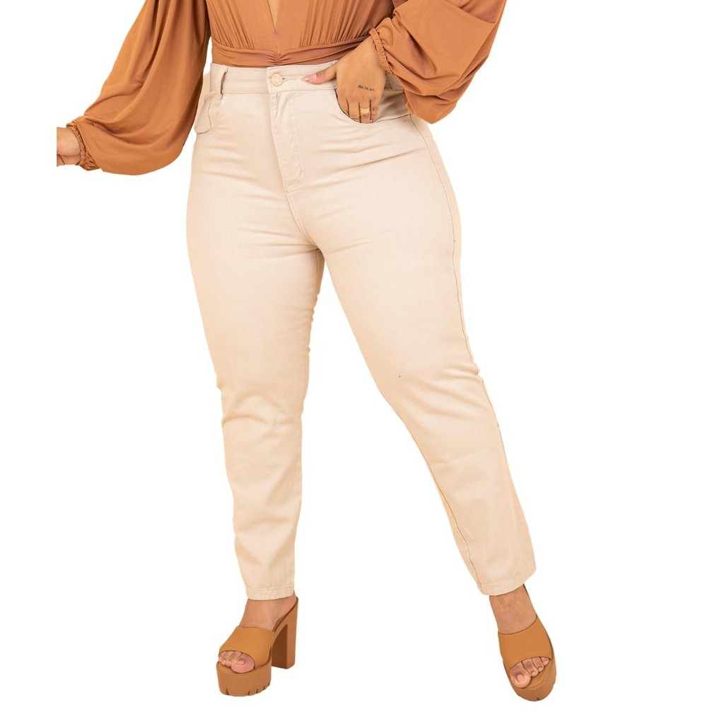 Calça Mom Jeans Plus Size Bege Cintura Alta Arrumada em Oferta na Shopee