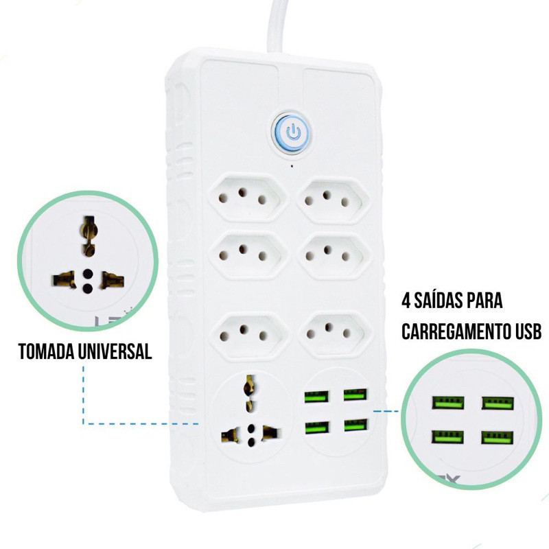 Régua Filtro de Linha com 7Tomadas Extensão Elétrica 1 Universal4 USB Bivolt10A 110v/220v Cabo de2 Metros-envio imediato