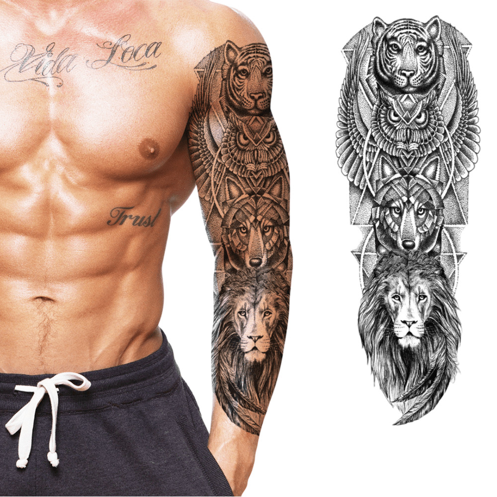 Tatuagem Temporária Leão Lobo Tigre Coruja Estilosa - Braço Inteiro
