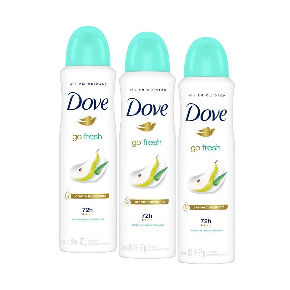 Kit com 3 Desodorantes Antitranspirantes Aerosol Dove Go Fresh Pera e Aloe Vera 150ml - Beauty
