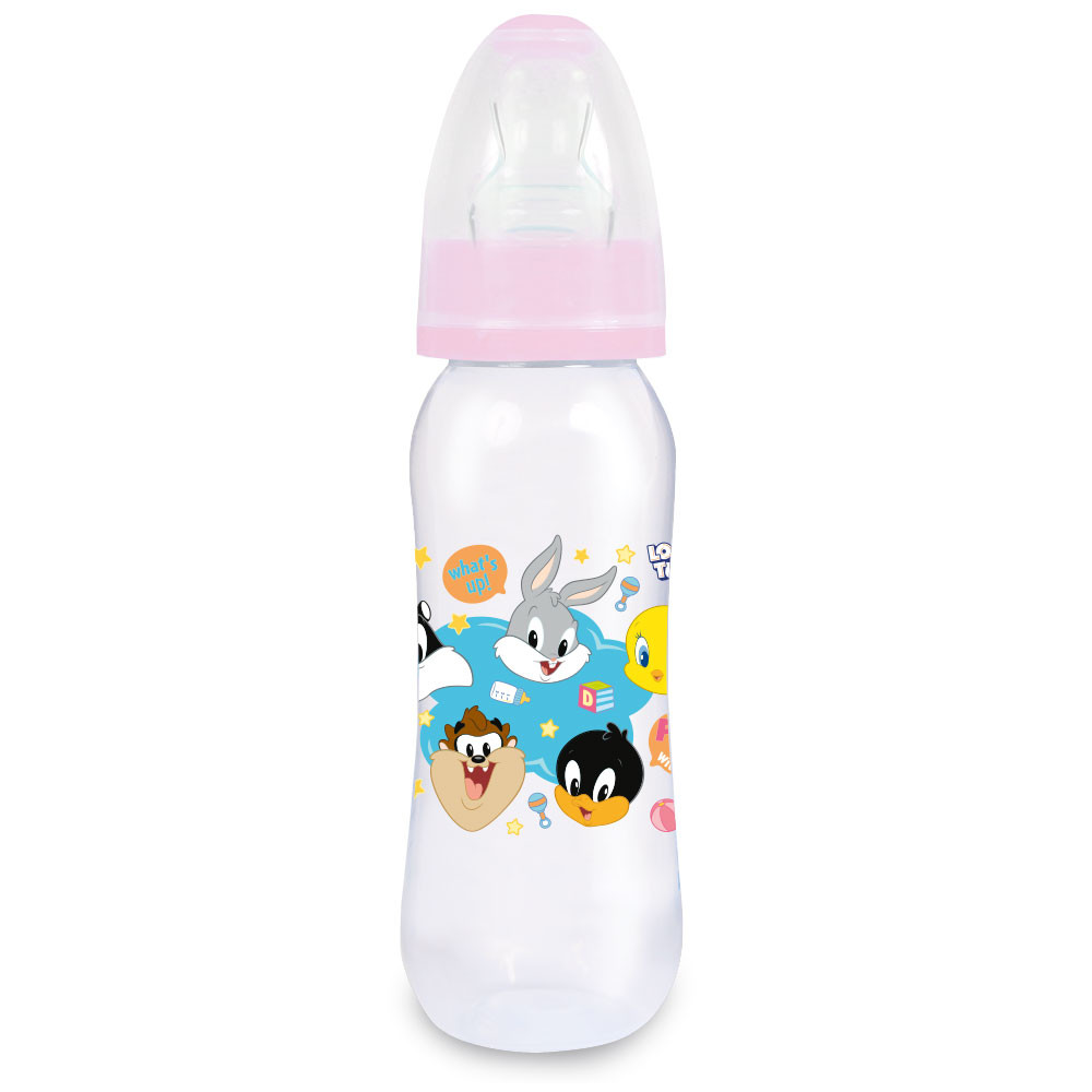 Minha Primeira Mamadeira Dois Bicos Ortodôntico + Convencional Macios Looney Tunes Rosa 240ml BabyGo em Oferta na Shopee