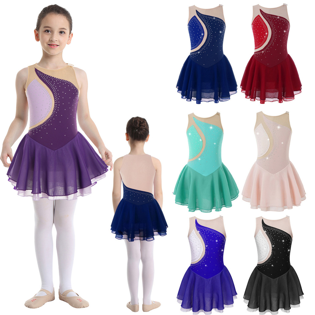 Wyl Crianças Meninas Vestido De Patinação Artística No Gelo Ballet Dança Ginástica Collant Strass Sem Mangas Malha Splic