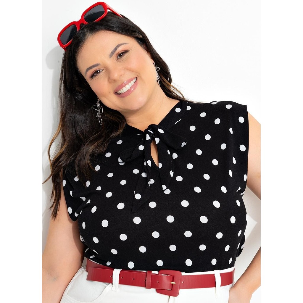 Blusa Feminina Poá Preto Malha Viscose Gola Laço Casual Marguerite