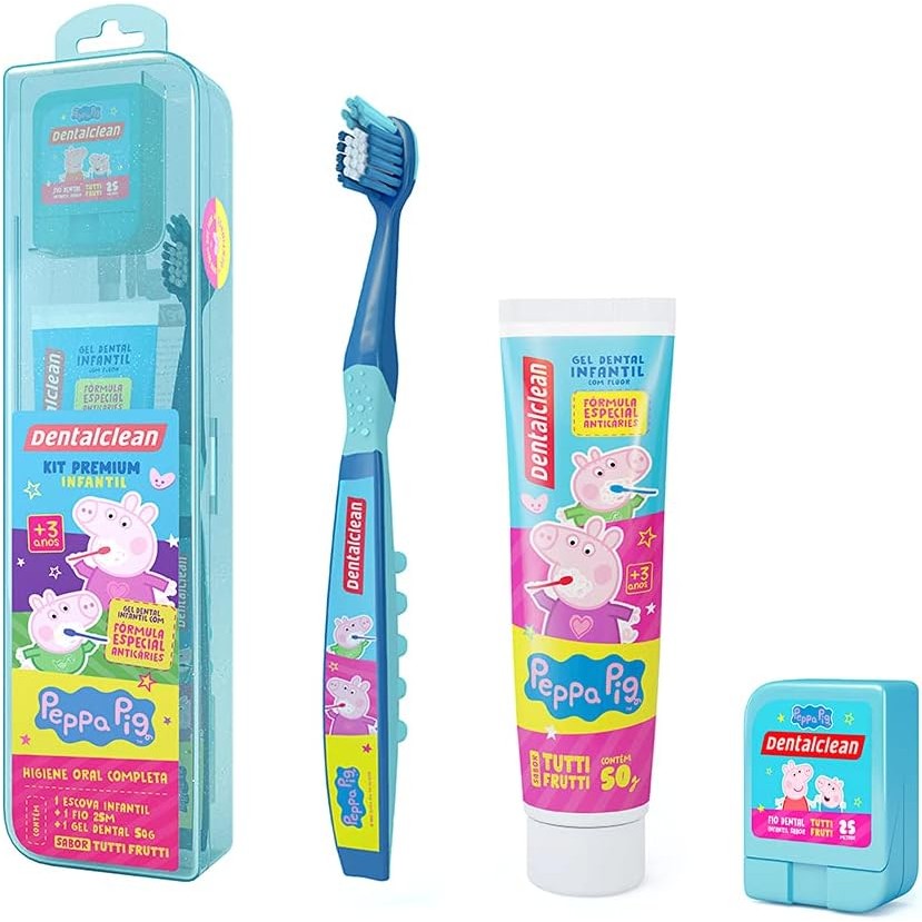 Kit Peppa Pig Creme Dental Escova de Dente Fio Dental Azul Infantil Higiene Bucal Kids Premium