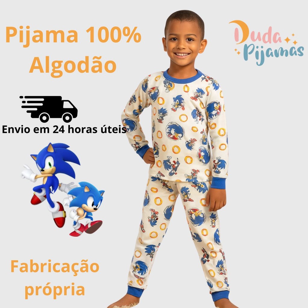 Pijama Infantil Sonic Inverno Menino Manga Longa Masculino Algodão Macio Conjunto 1ao12 Personagens