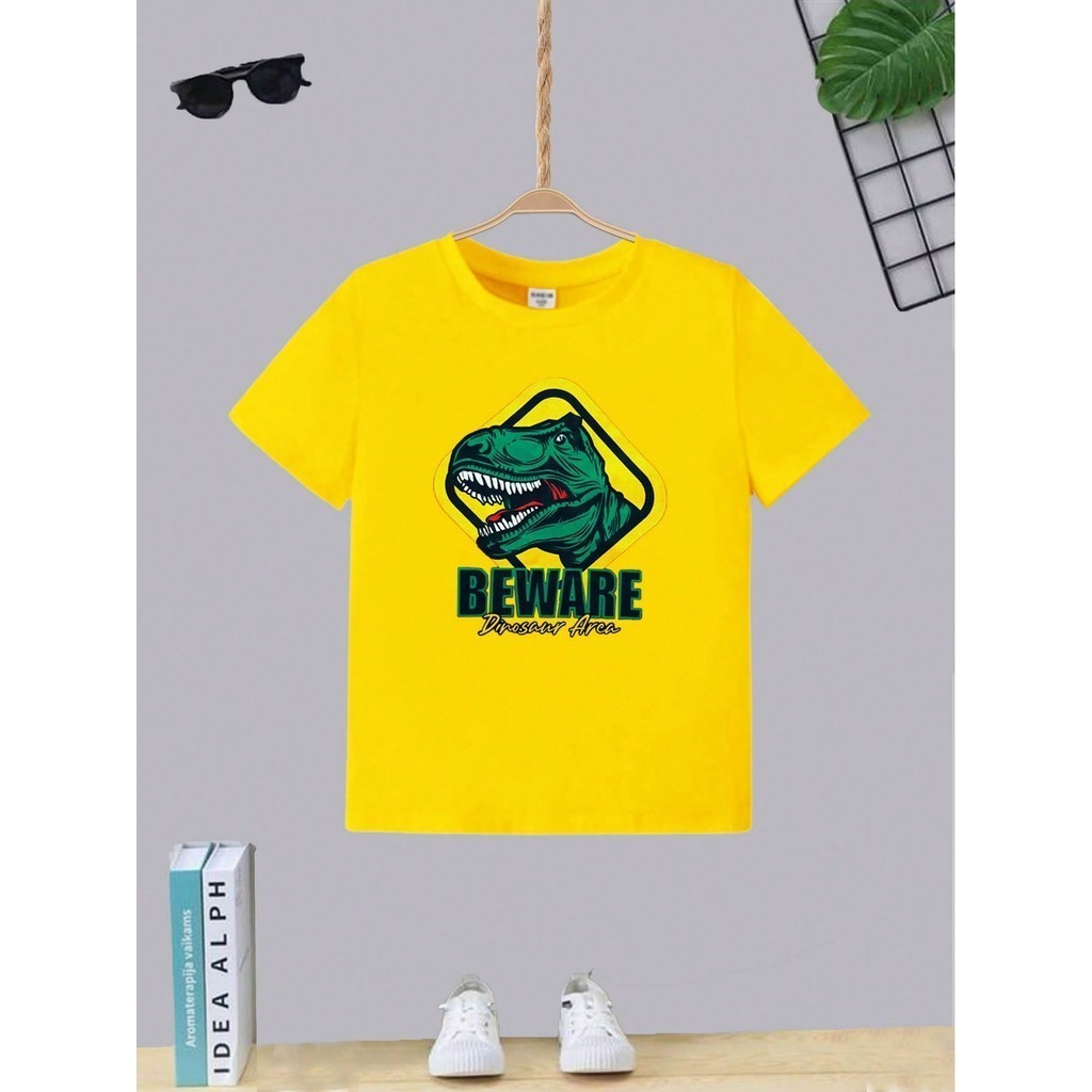 Camiseta Infantil Juvenil Teen Menino Estampa Dinossauro Beware T-shirt Masculina Moda Algodão Gola Redonda