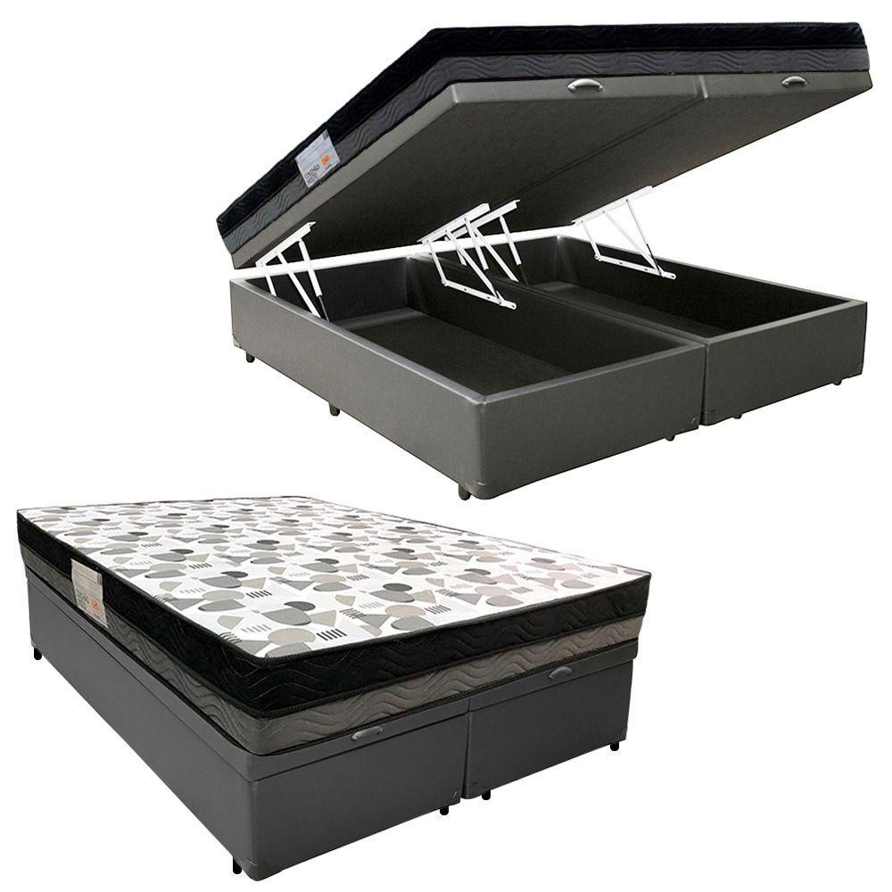Cama Box Baú Casal Sintético Bipartido + Colchão Ortobom Iso Dupla Face 60x138x188 Cor:cinza