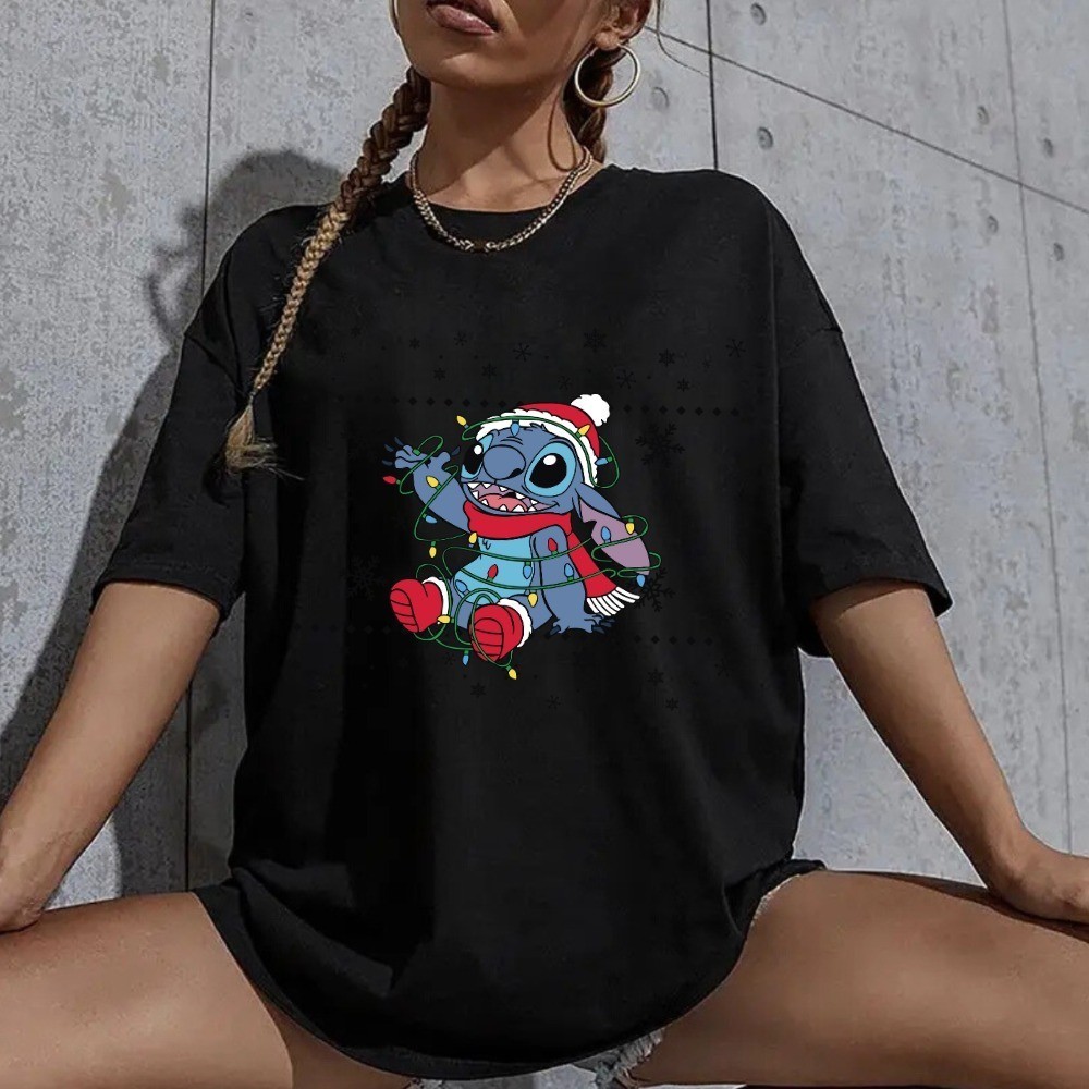 Camiseta Premium em Algodão Camiseta Oversized Estampa Stitch de Natal Malha Algodão Unissex Diversas Cores