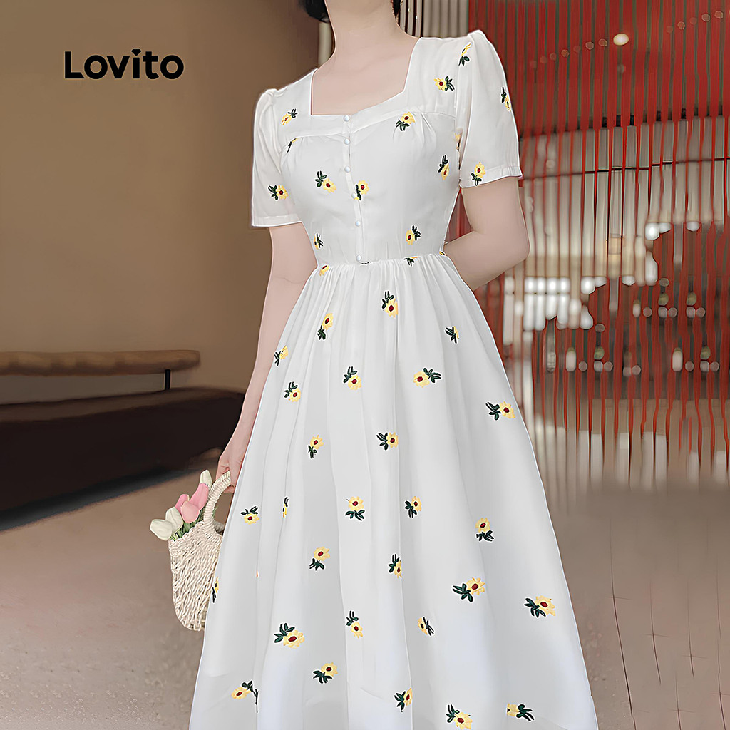 Lovito Vestido Casual Com Zíper E Botão Frontal Verão/Primavera Vestido Branco Para Mulheres L134LD307 - Women Clothes
