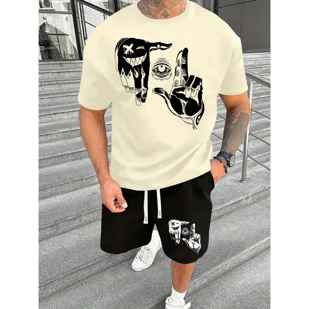 Conjunto Masculino Camiseta E Bermuda tectel Estampa Mãos Gesto e Olho Kit Camisa e Short tactel