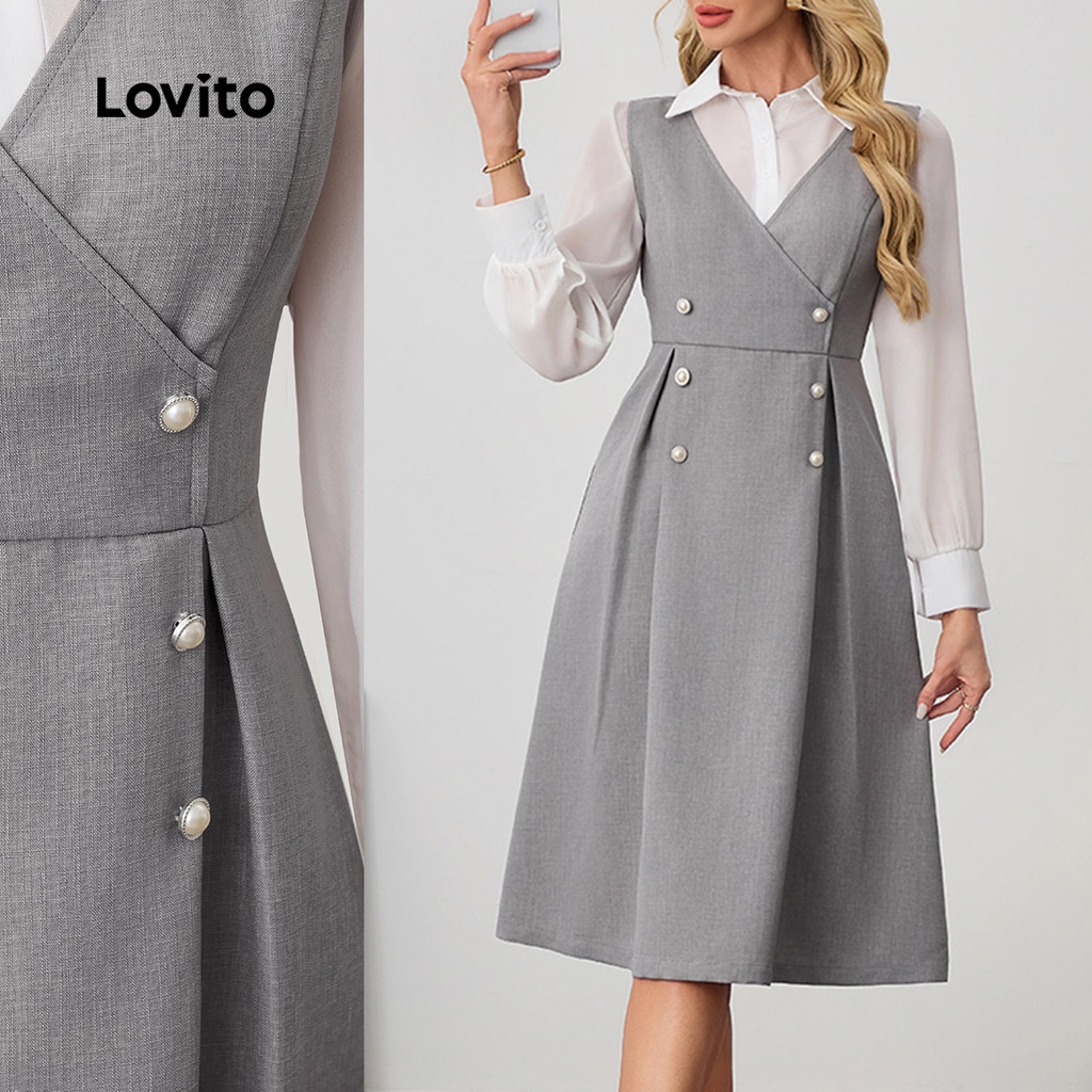 Lovito Vestido elegante plissado frontal com botão liso para mulheres LBL24223 - Women Clothes