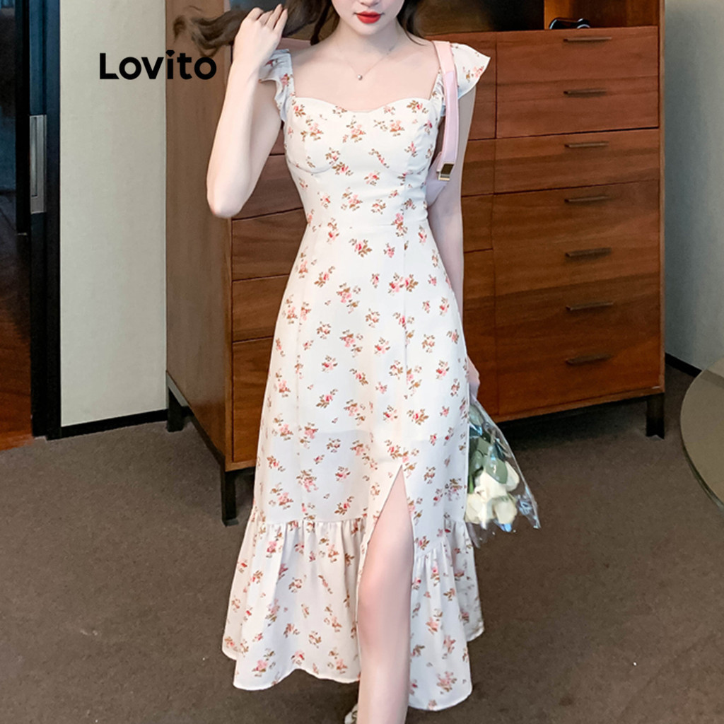 (Trendy) Lovito Casual Vestido Feminino Floral Drapeado Midi Evasê Frente Única Sem Mangas LNA11007 (Multicolorido) - Women Clothes