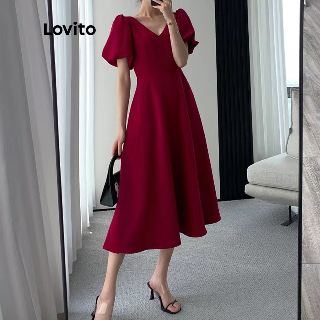 (Trendy) Lovito Vestido Elegante Liso Com  Vestido Midi Evasê Para Mulheres LNE09088 (Multicolorido) - Women Clothes