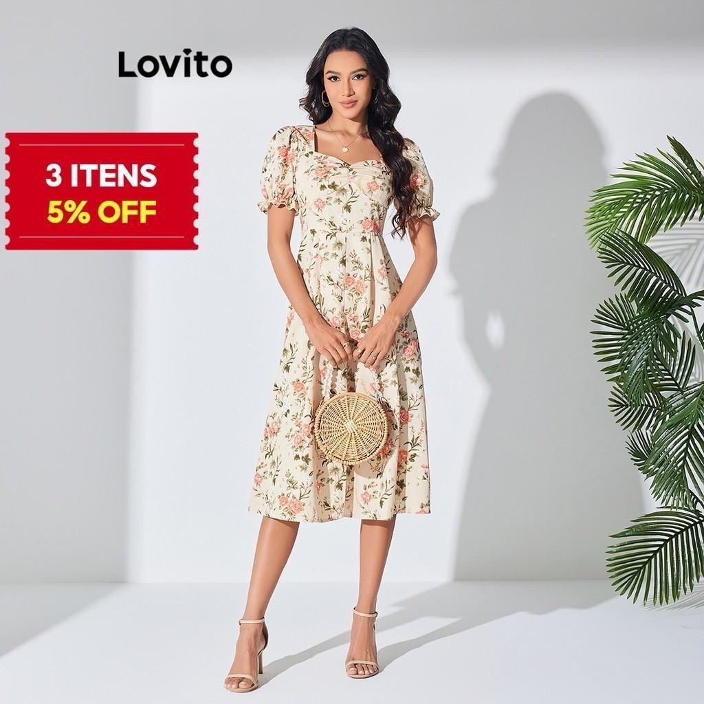 (Trendy) Lovito Vestido Elegante Com Estrutura Floral E Cordão, Mangas Bufantes, Vestido Querido Para Mulheres LBL07206 - Women Clothes