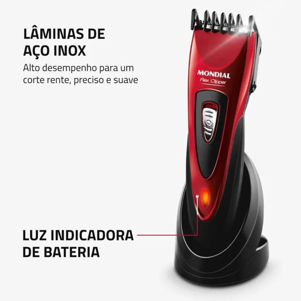 Detalhes do Máquina de Cortar Cabelo Mondial Flex Clipper Lâminas em Aço Inox 10W Vermelho/Preto Bivolt - CR-04