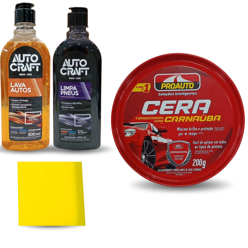 Kit Limpeza Proauto Completo – Shampoo, Pretinho, Cera e Esponja para Cuidados Automotivos em Oferta na Shopee