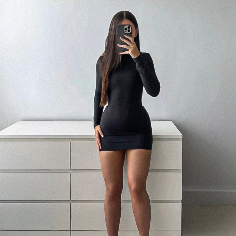 Vestido Feminino Gola Alta Manga Longa Curto Malha Suplex Canelada em Oferta na Shopee