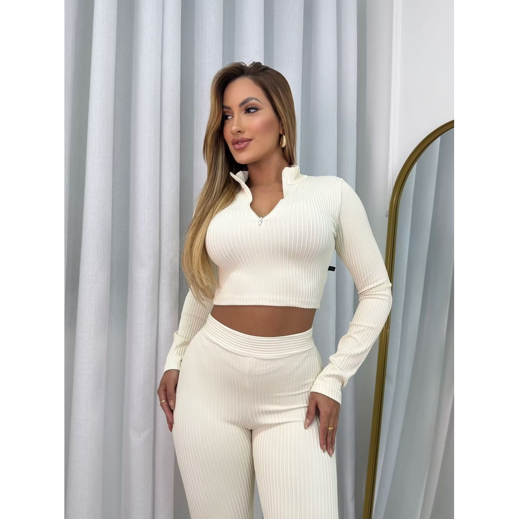 Conjunto Feminino Calça e Cropped manga longa Canelado 3d Power Sal e Pimenta