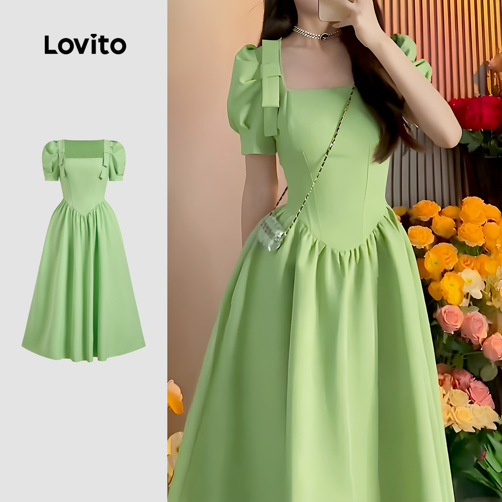Lovito Laço de Vestido Elegante Sentimento Suave Primavera/verão Vestido Verde para Mulheres L137LD062 em Oferta na Shopee