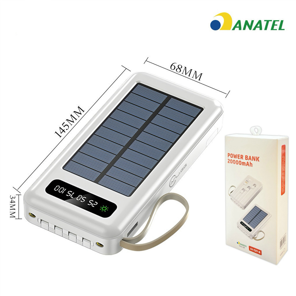 Carregador Portátil Solar 20000mAh Power Bank com Cabos Embutidos Display Digital USB Rápido