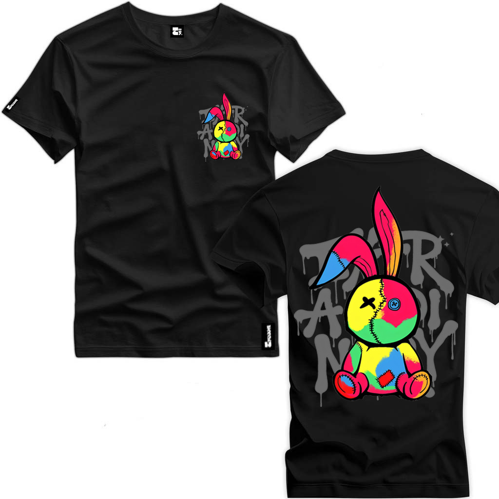 Camiseta Estilosa Masculina Estampa Coelho Style Colorido Letras De Fundo Frente E Costa Lançamento