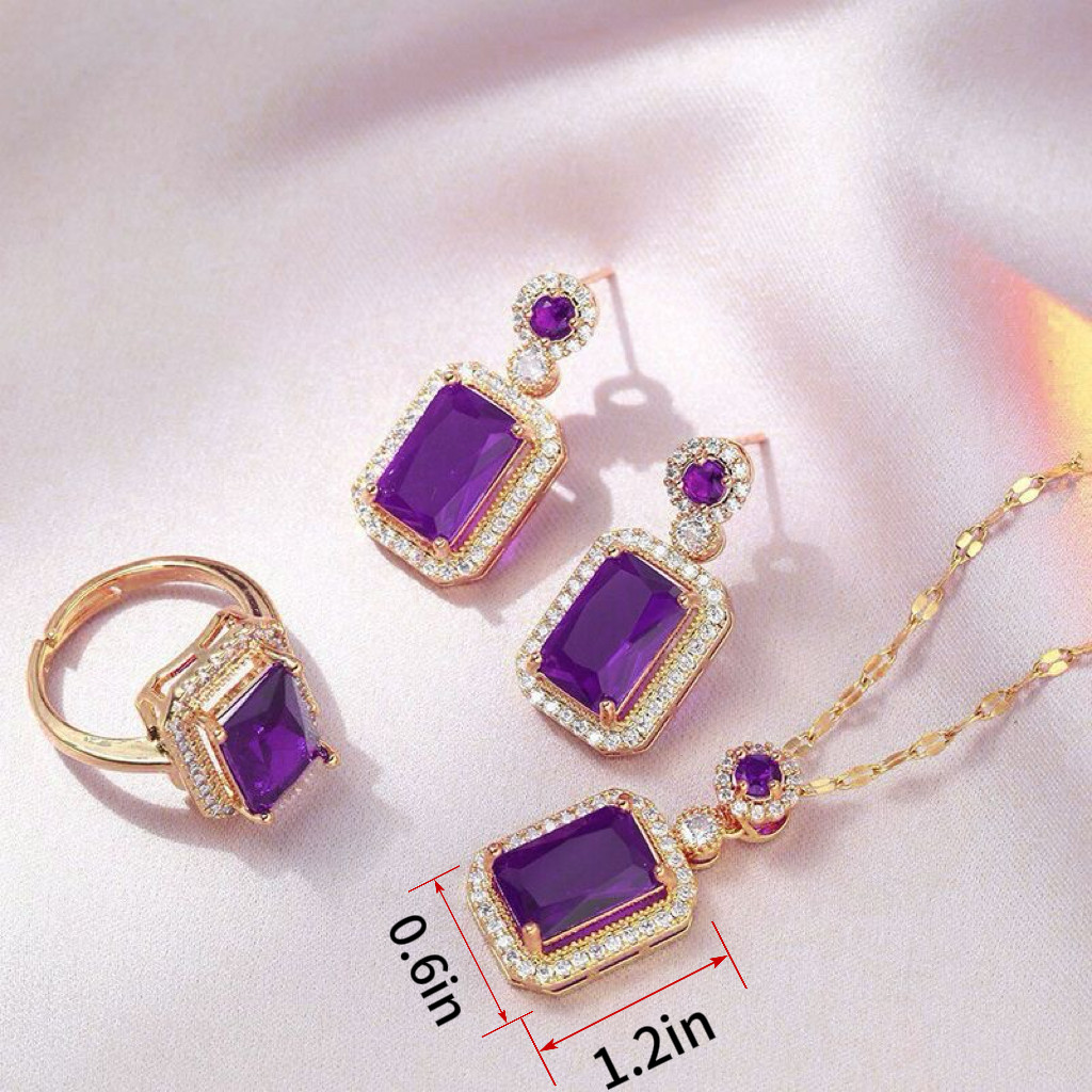 Conjunto de 3 peças com brincos anel e colar com pedra preciosa roxa  presente de joias para mulheres em Oferta na Shopee