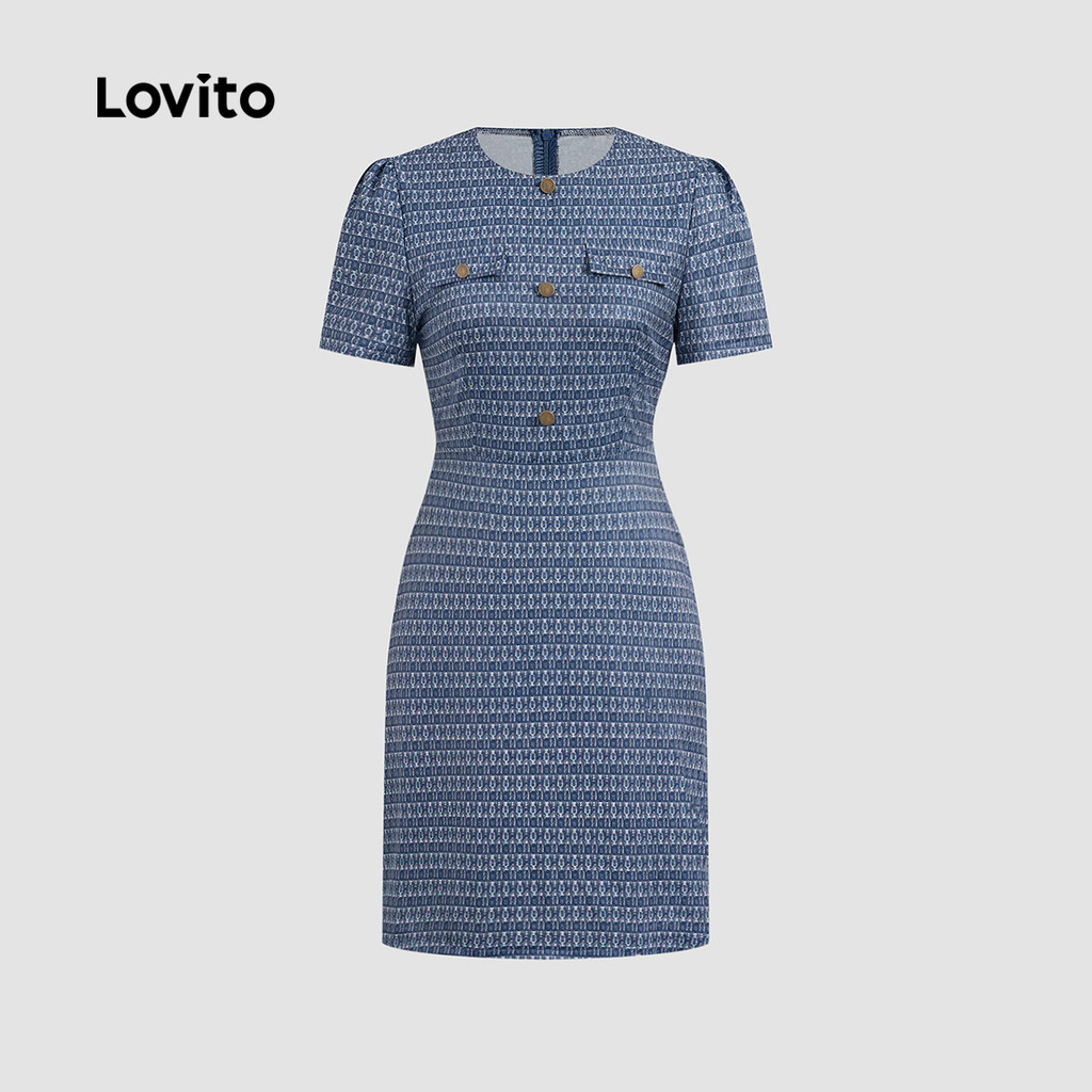 Detalhes do Lovito Vestido Casual Azul de Primavera/verão para Mulheres com Bolso Falso e botões L142ED470