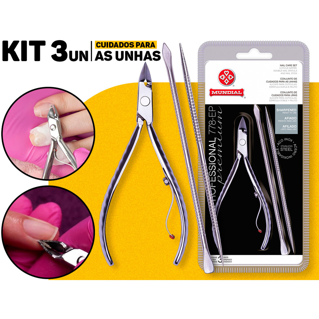 Kit Alicate Para Cutículas Com Espátula E Palito 778-EP Inox Profissional Mundial em Oferta na Shopee