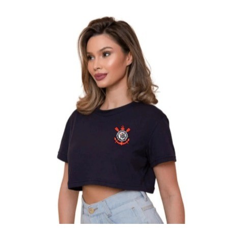 Cropped Feminino Blusa Baby Tee Estampado Timao Corinthians Algodão