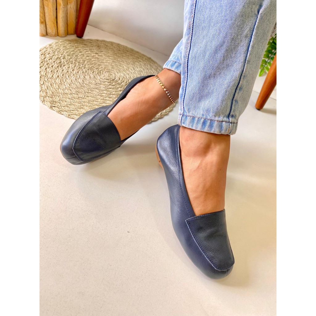 Mocassim Feminino Azul Marinho Couro Legítimo Confort Luxo Sapatilha Bico Quadrado Marca Nilza Camargos