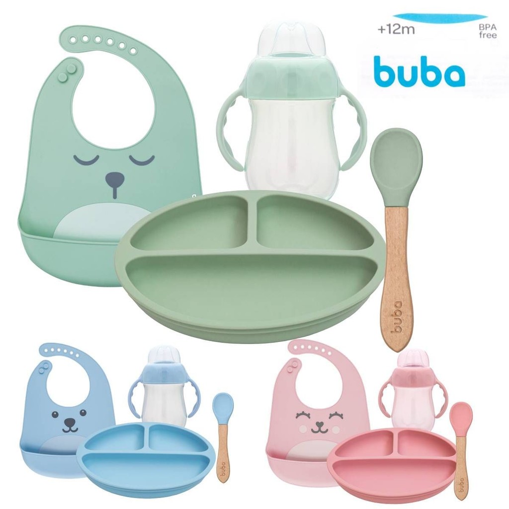 Kit Pratinho Buba Silicone 4 em 1 com Copo Babador Colher em Oferta na Shopee