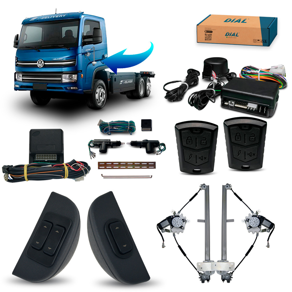 Kit Vidro Eletrico + Trava e Alarme Caminhao VW Delivery Express (18/) 12v Acabamento Celta Inteligente