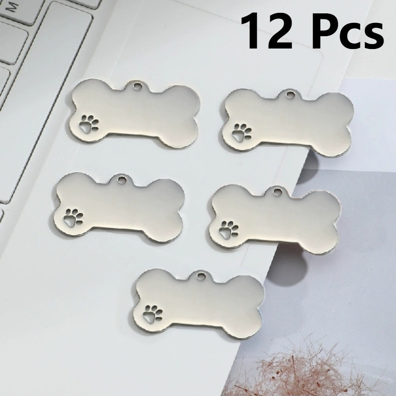 Kit 12 Peças Plaquinhas de Identificação Osso Prata 40x20mm - 50x28mm em Alumínio Anodizado Tag Pet