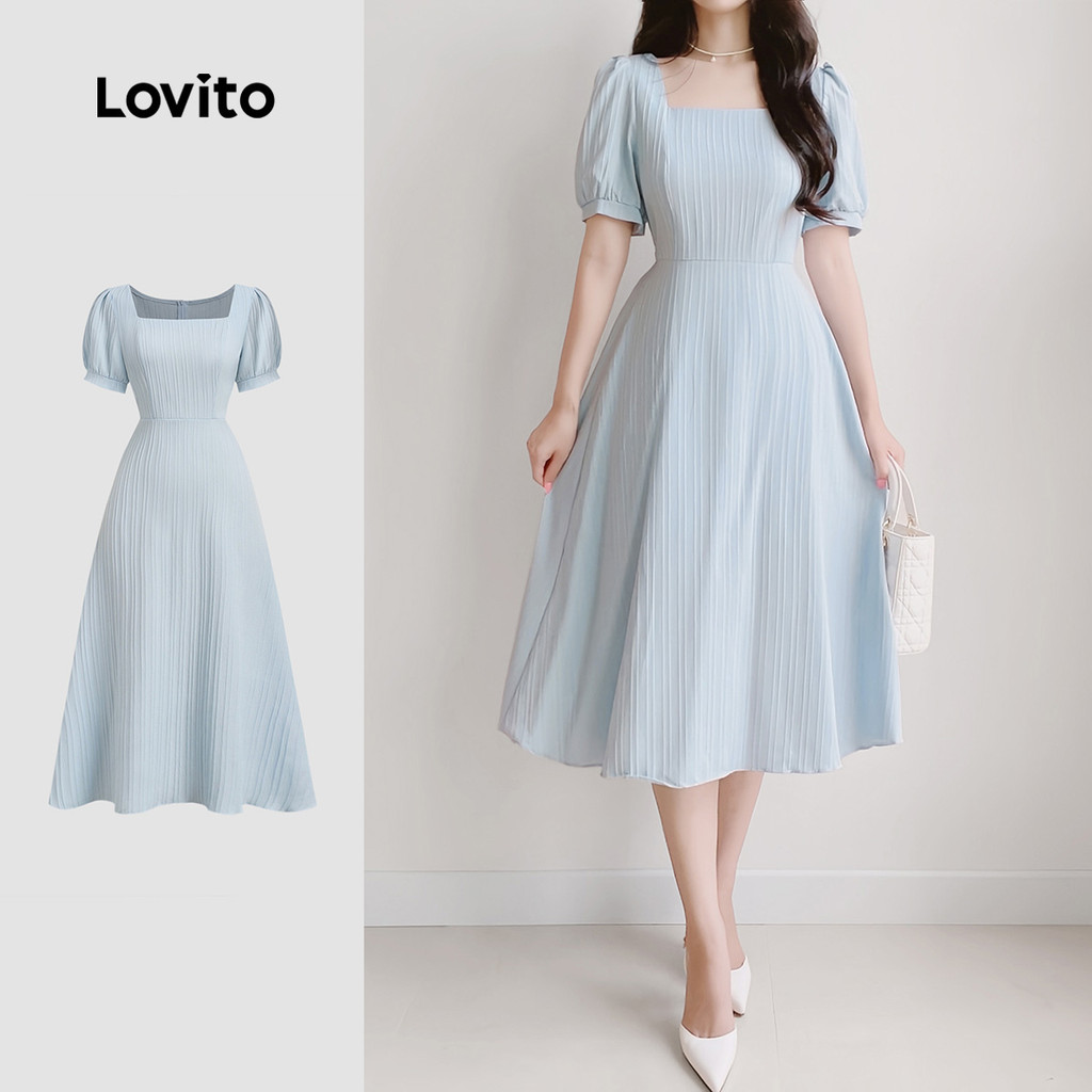 (NEW) Lovito Vestido Casual de Primavera/verão Azul  com Drapeado para mulheres L143AD646 em Oferta na Shopee