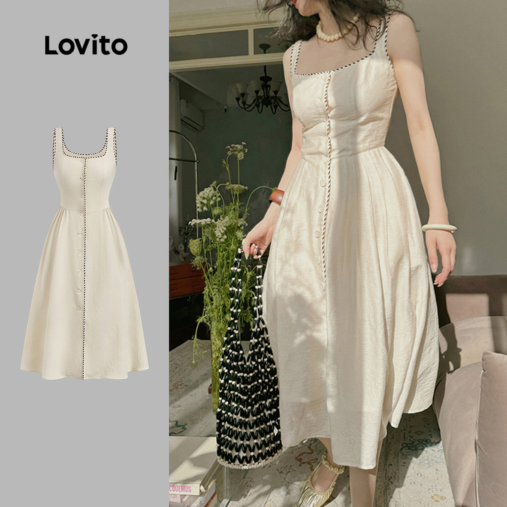 (New Lovito) Vestido Casual de Contraste com Tira de Espiral para Mulheres Primavera/Verão L143ED382 em Oferta na Shopee