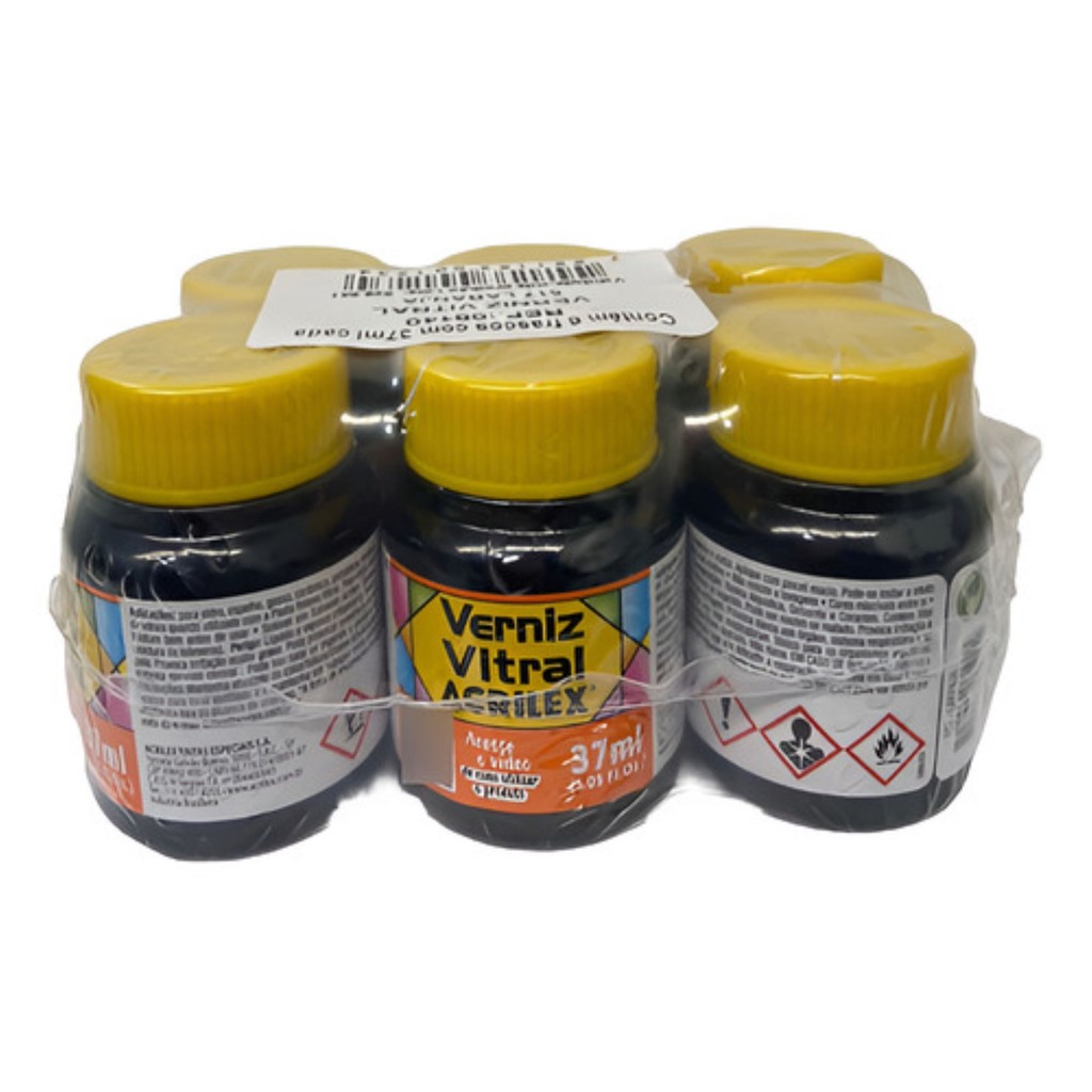 Kit Com 6 Verniz Vitral Laranja 517 - Acrilex - 37ml Perfeito para Copos Garrafas Vasos e Outras