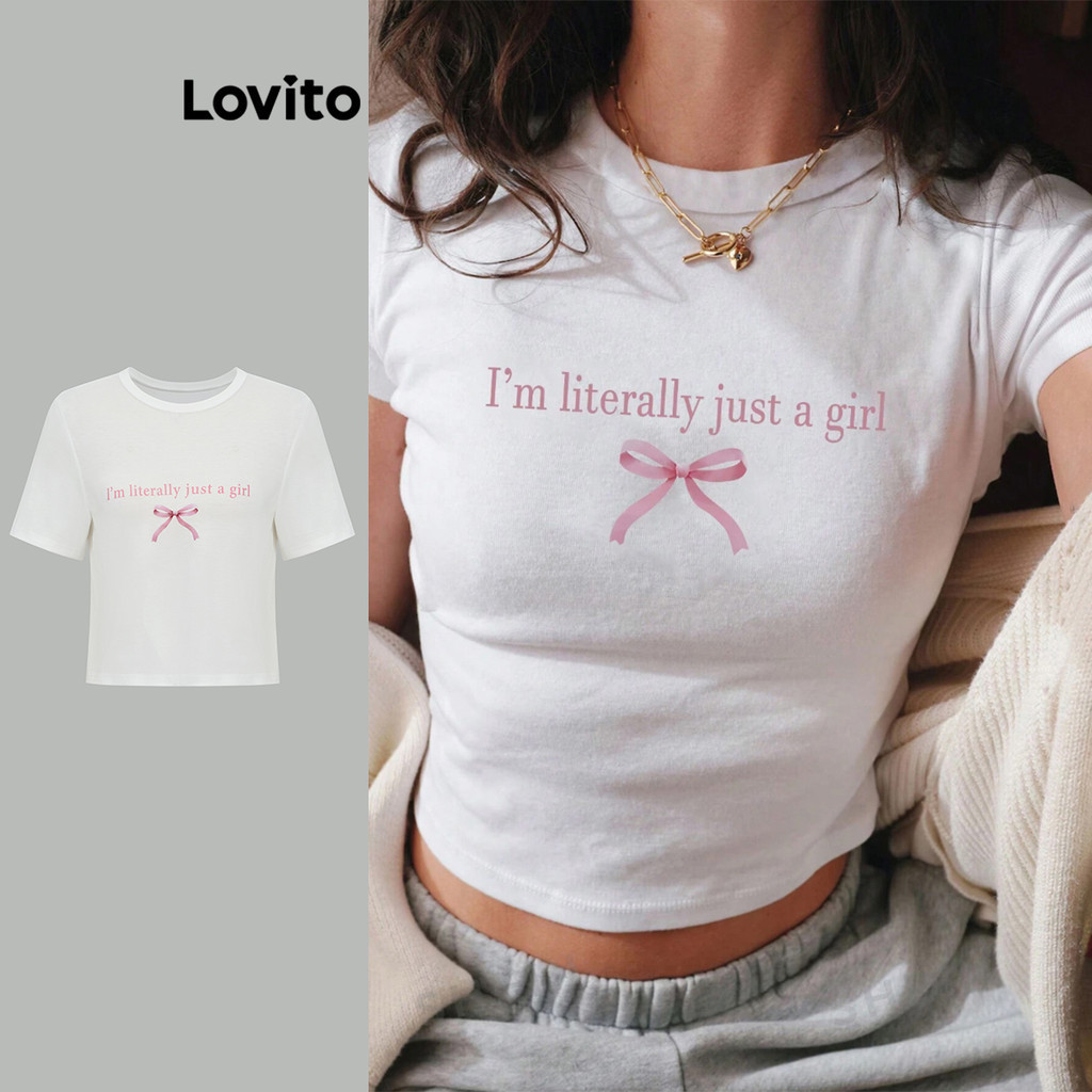 Lovito Camiseta Preppy Letter Bow para mulheres L91AD249 - Women Clothes
