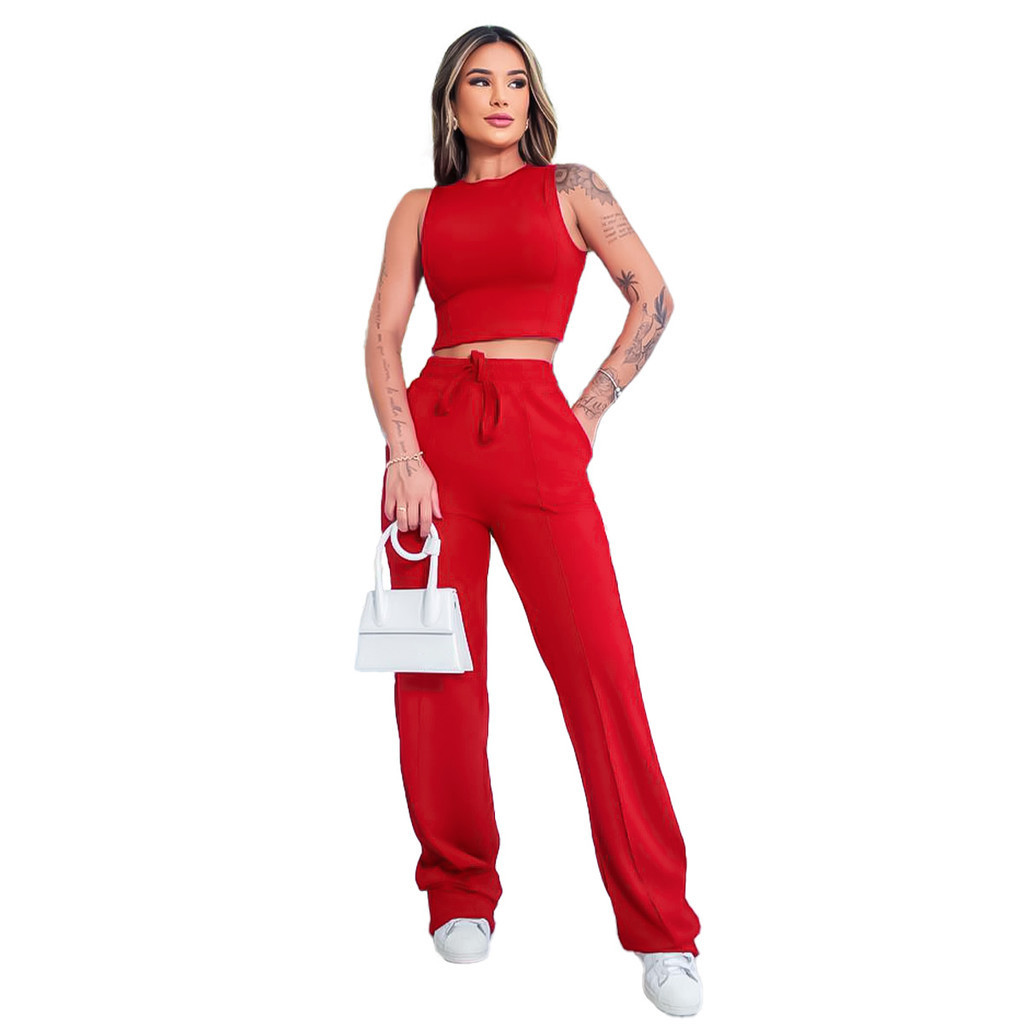 Conjunto Feminino Moletinho Cropped Regata Calça Moda Gringa