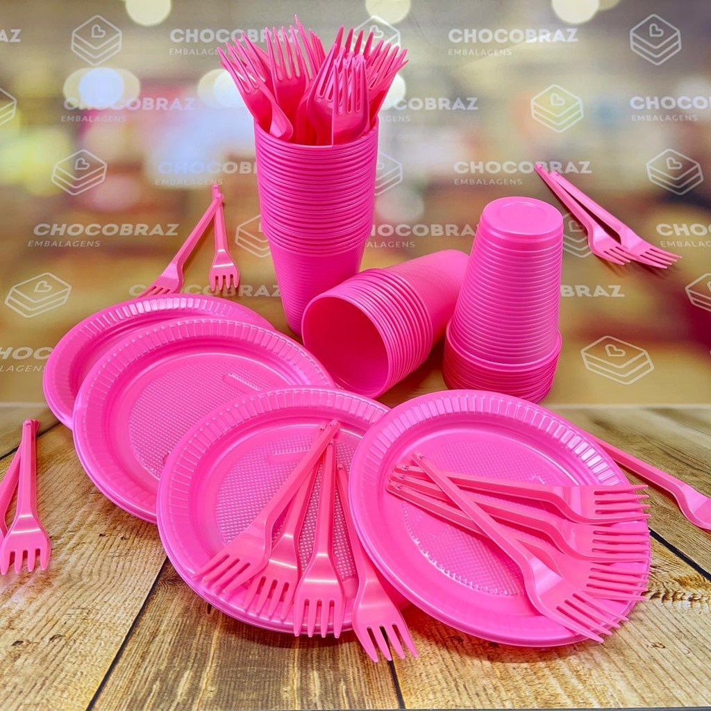 Kit Festa 50 PESSOAS DESCARTAVEIS ROSA CHICLETE GARFO + PRATO + COPO em Oferta na Shopee
