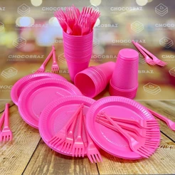 Kit Festa 50 PESSOAS DESCARTAVEIS ROSA CHICLETE GARFO + PRATO + COPO (CHOCO)