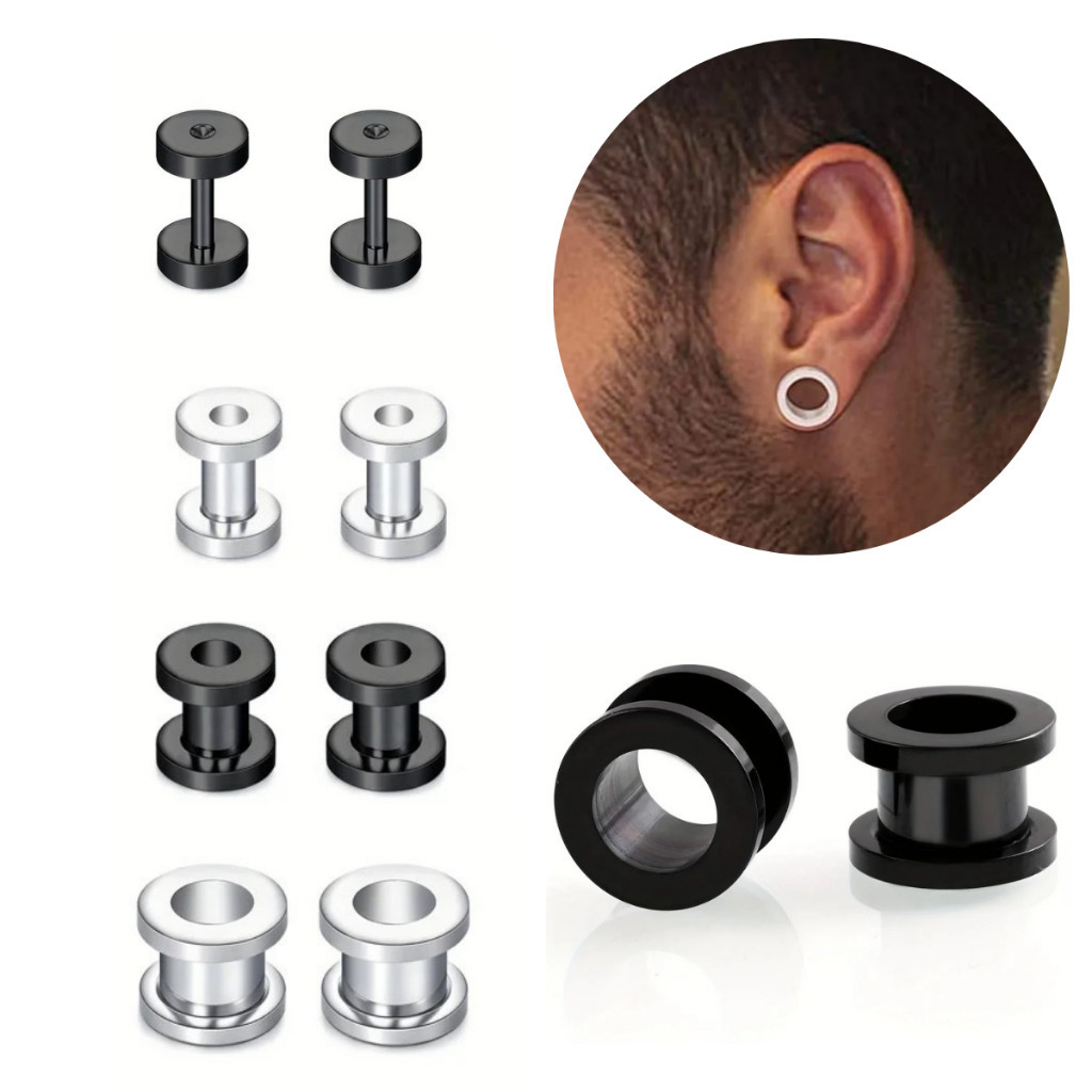 Par Alargador de Orelha, Tunel, Brinco, Preto, Prata, Aço inox 316l, Rosqueavél, Moda, Masculino, Unissex, n°1 ao n°10.