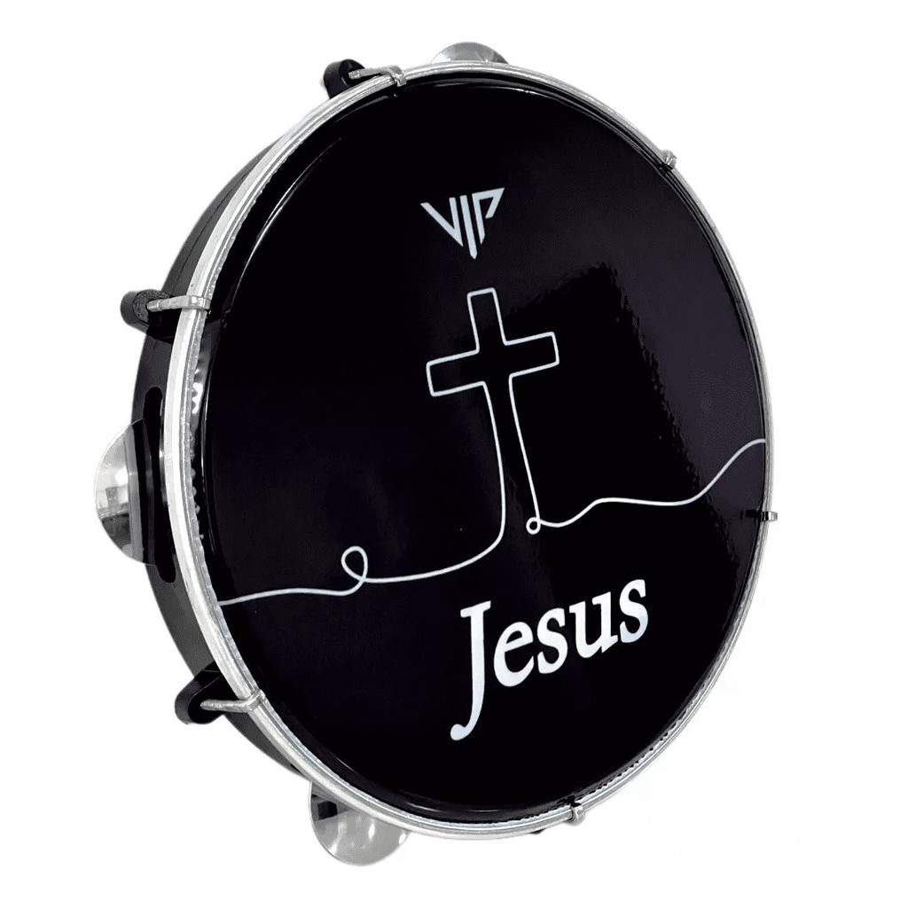 Pandeiro  Profissional 10 Pol Pele Leitosa Preto Vip Jesus