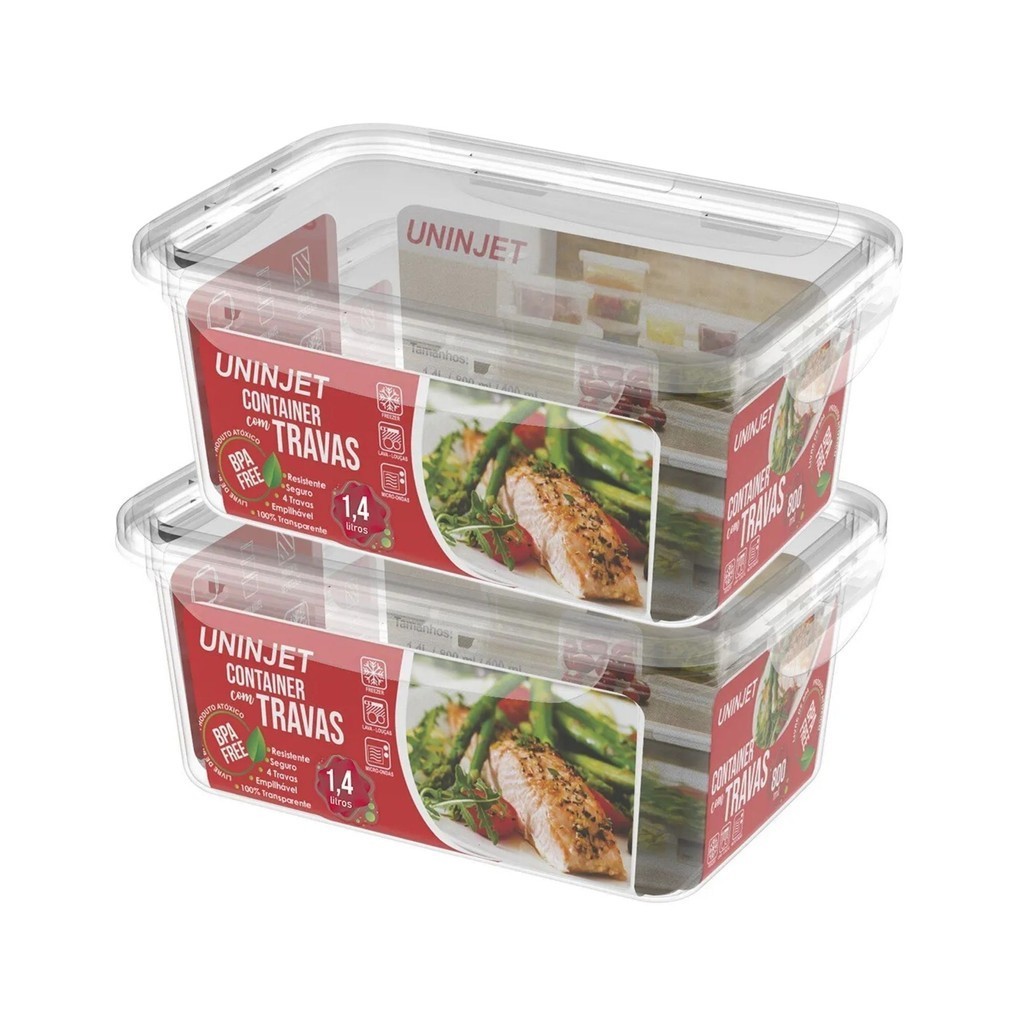 Kit 2 Pote De Plástico Container Com 4 Travas Resistente Design Moderno Prático 1400ml