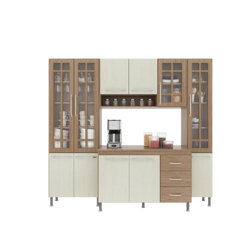 Detalhes do Cozinha Modulada Compacta Fidelitá Paris 4 Peças 225cm 11 Portas 3 Gavetas Com Tampo Nogal/Salinas