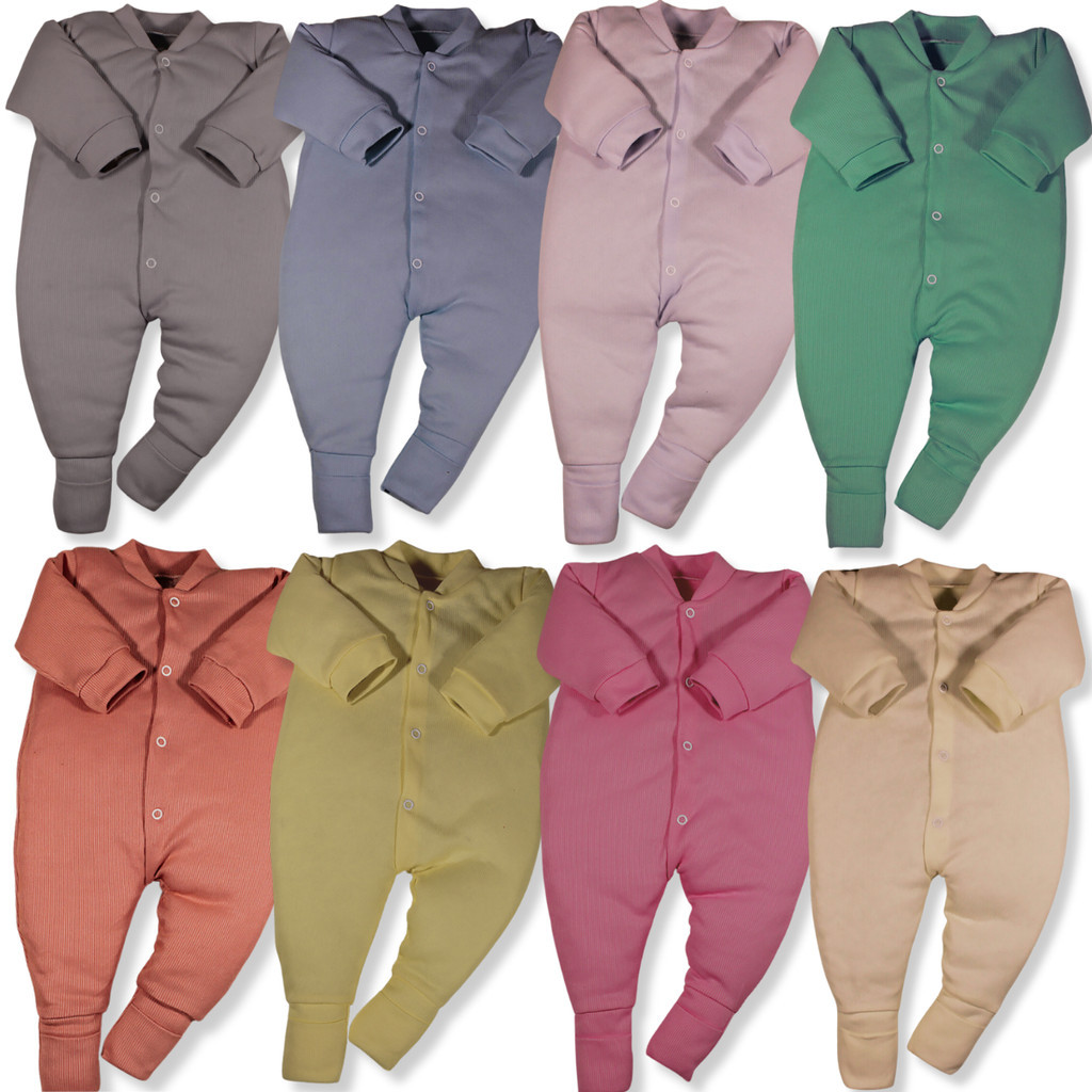 Kit 4 Peças Macacão Bebe Macio Canelado Liso Vira Pé Menino Menina em Oferta na Shopee