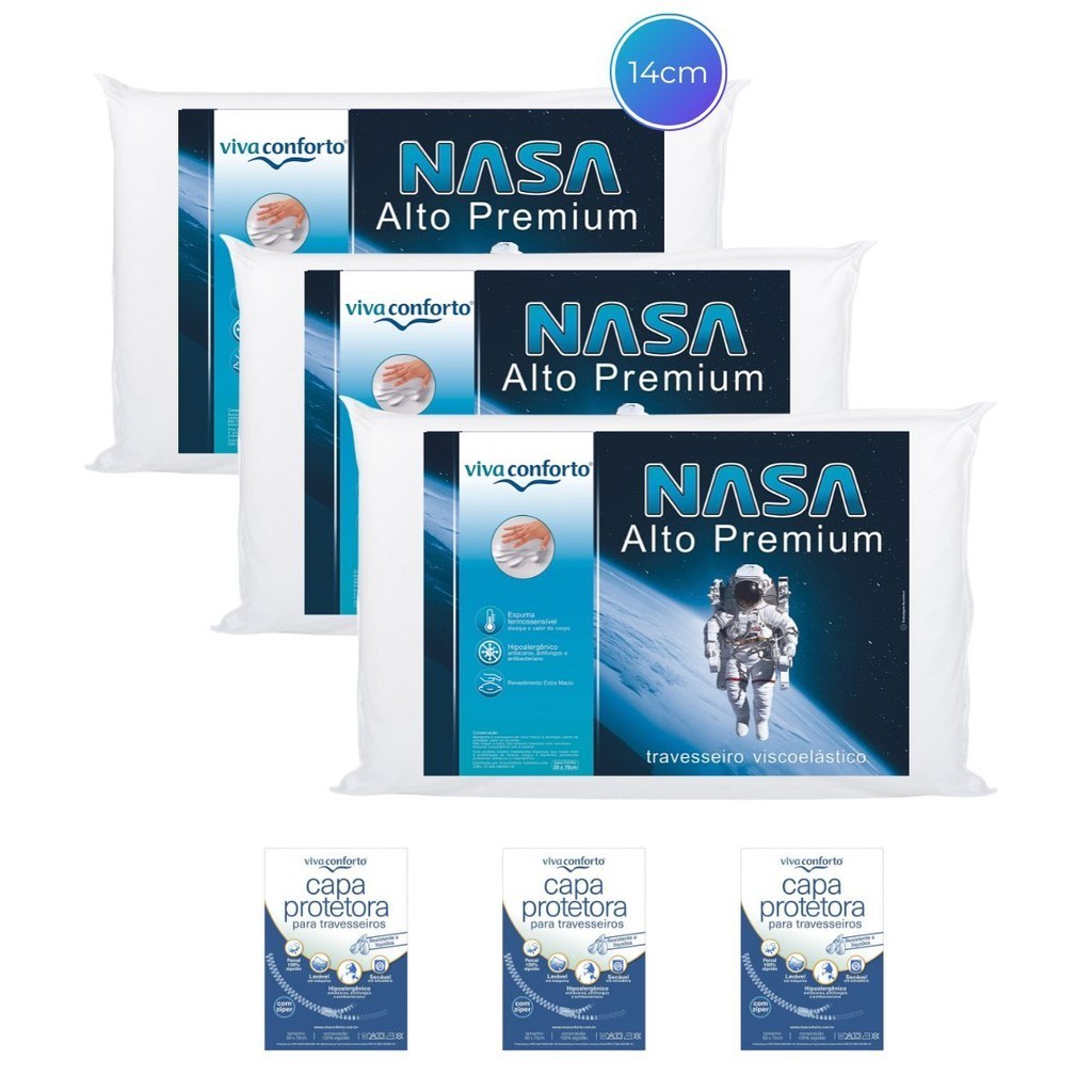 Kit 3 Travesseiros Nasa Alto Original Viva Conforto Altura 14cm + 3 Capas Protet