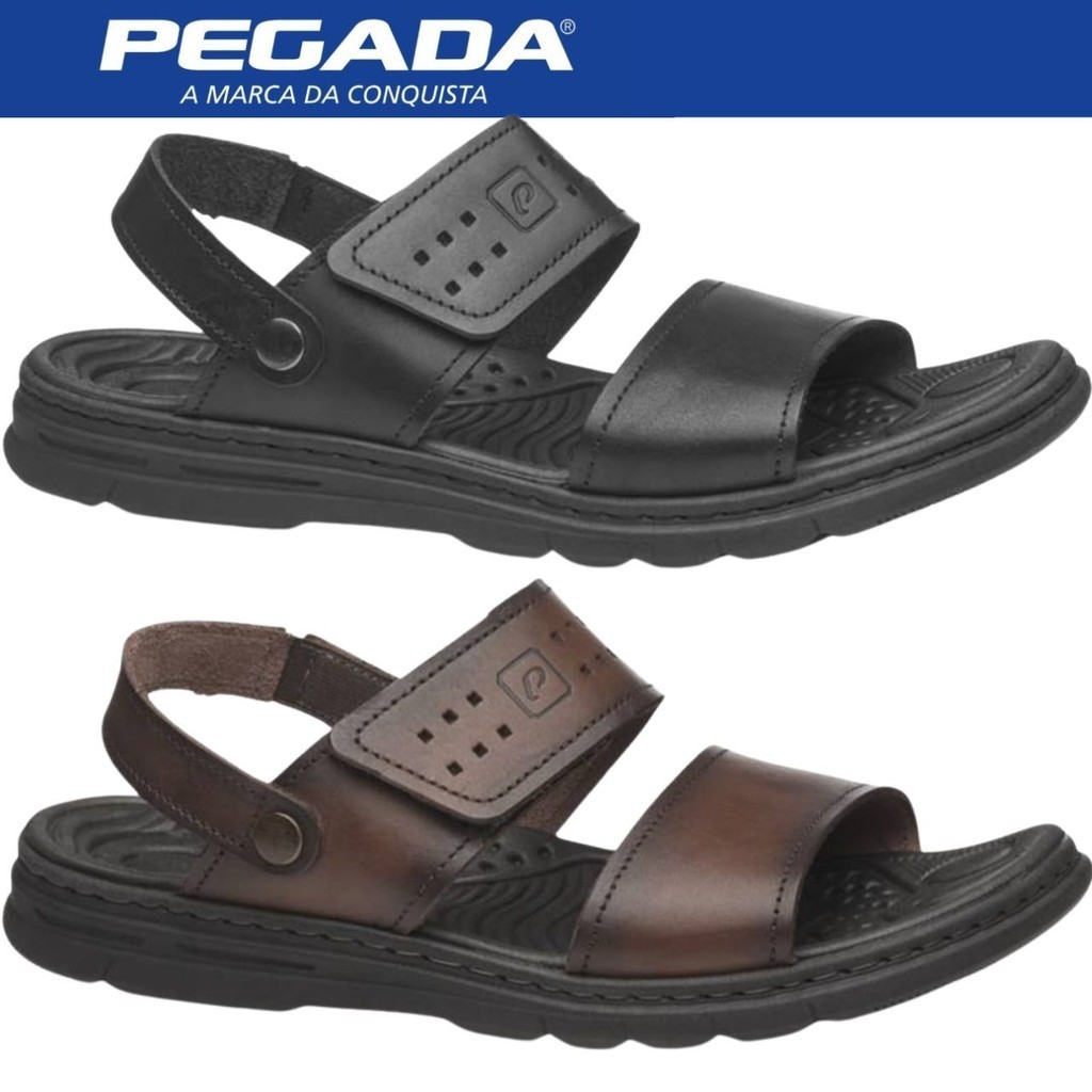 Sandália Papete Masculina Pegada Tiras Couro Velcro Conforto