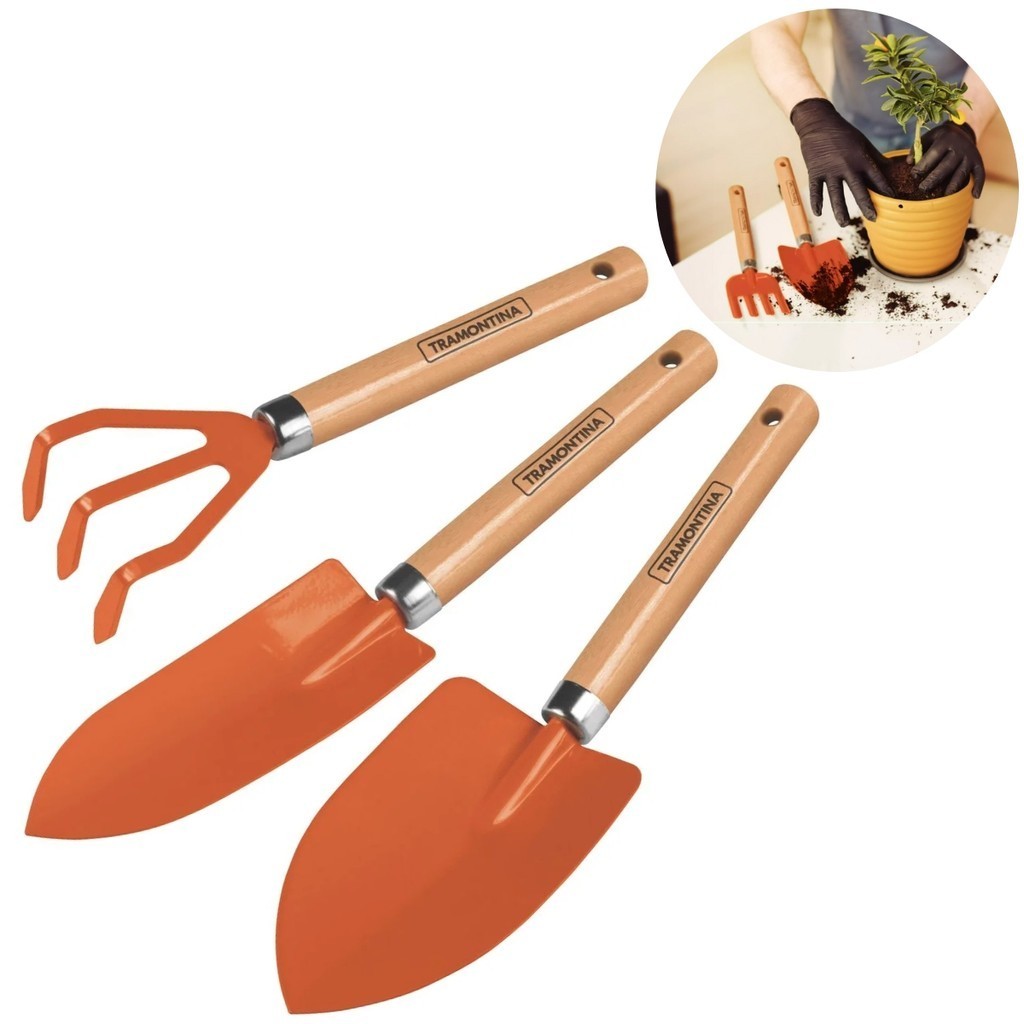 Kit Conjunto Jardinagem 3 Peças Cabo de Madeira Tramontina Ferramentas para Cuidar de Plantas Horta Vasos Casa