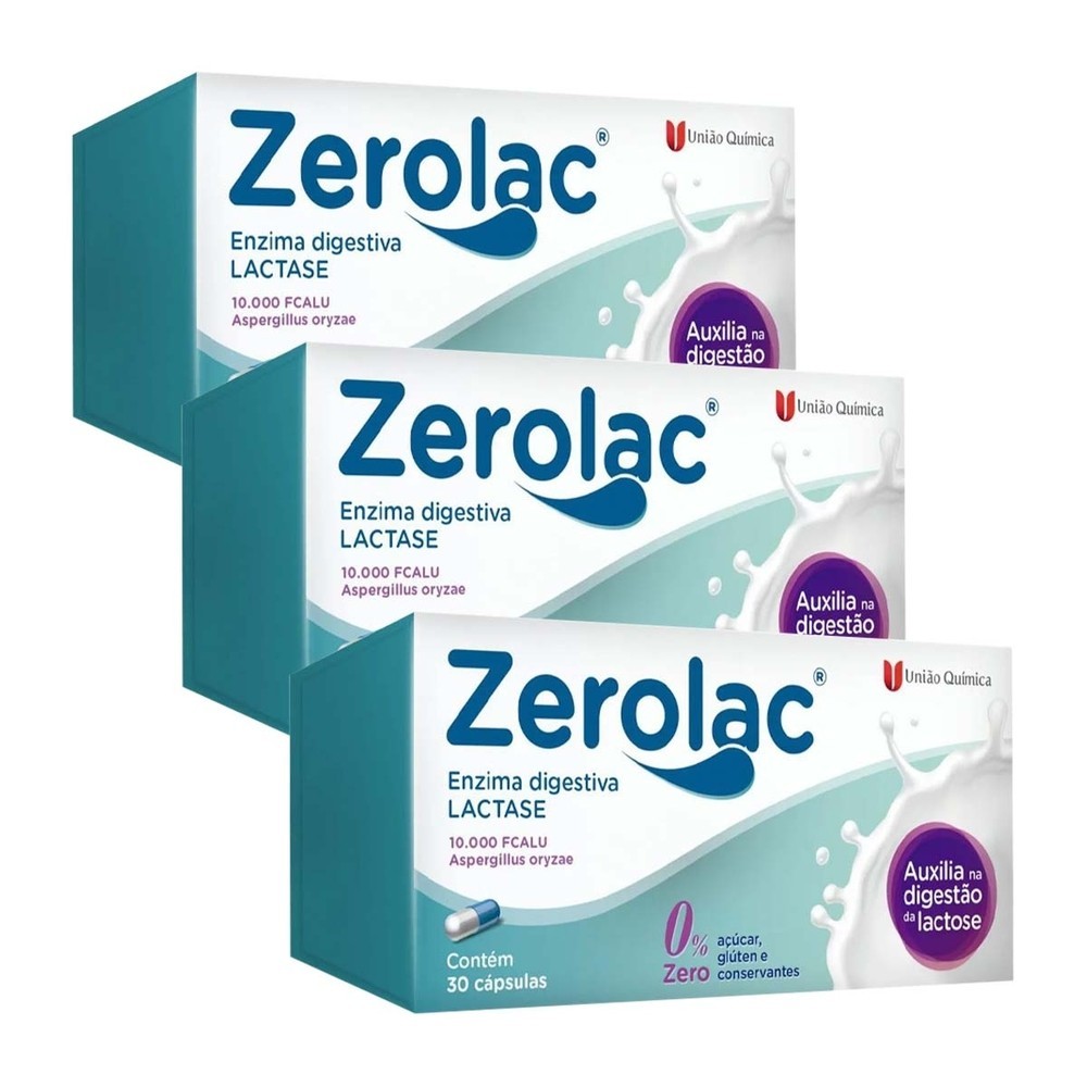 Kit 3 Zerolac Enzima Lactase 10.000 30 Caps Original Zero Açúcar em Oferta na Shopee